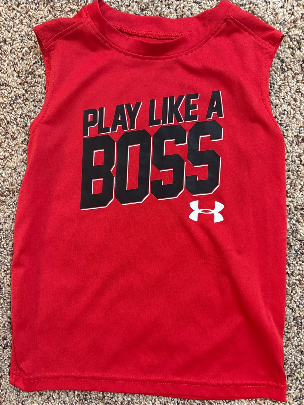 Under Armour Red Sleeveless Tank with Bold 'Play Like a Boss' Graphic